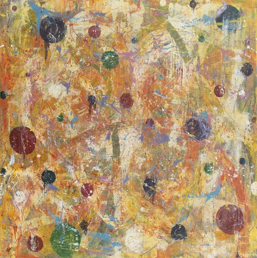 original art by BrendaJay pale yellow & orange in colour with spots of blue, purple, red & green