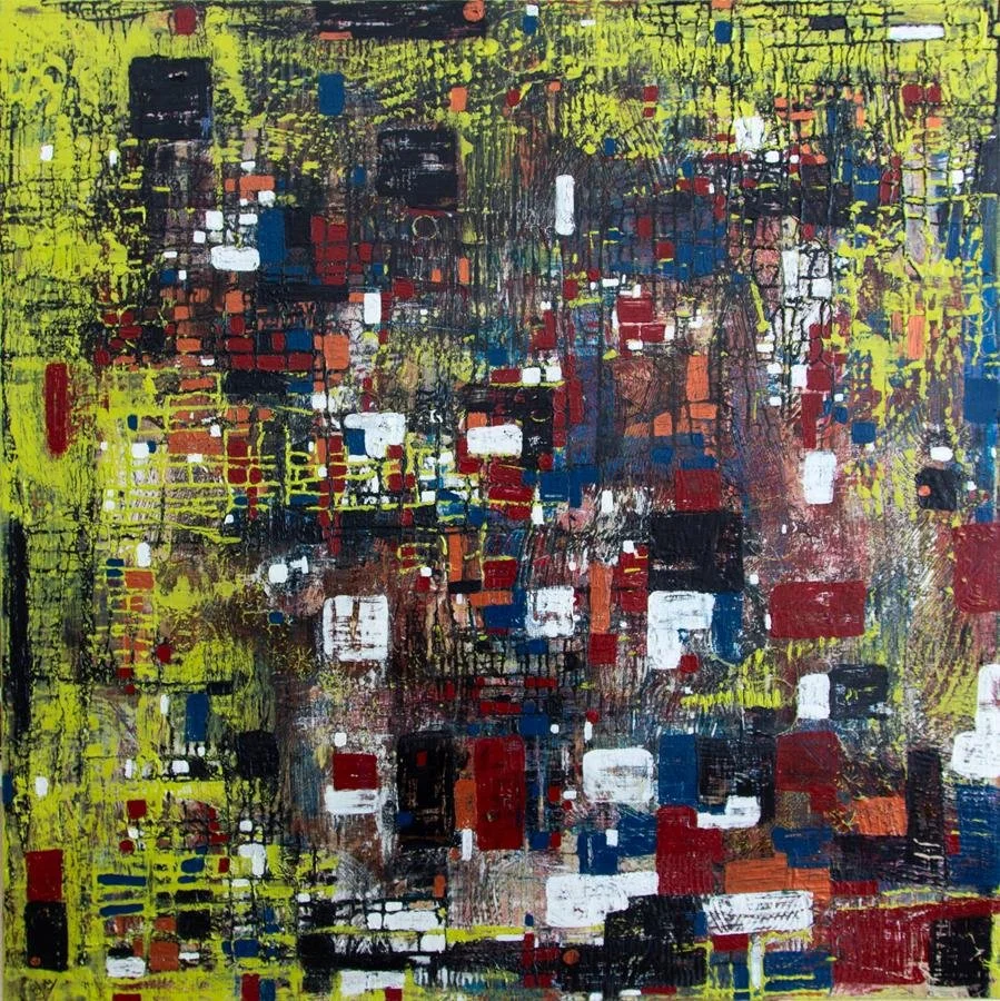 photo of 1m sqaure painting, lime green, red, blue, copper, black & white, shades of brown. Very textured with shapes that make it look like a town seen from above