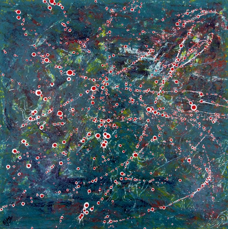 dark turquoise background with clouds of yesllows, reds, purples and greens on top of which are loops and lines of white dots with red centres