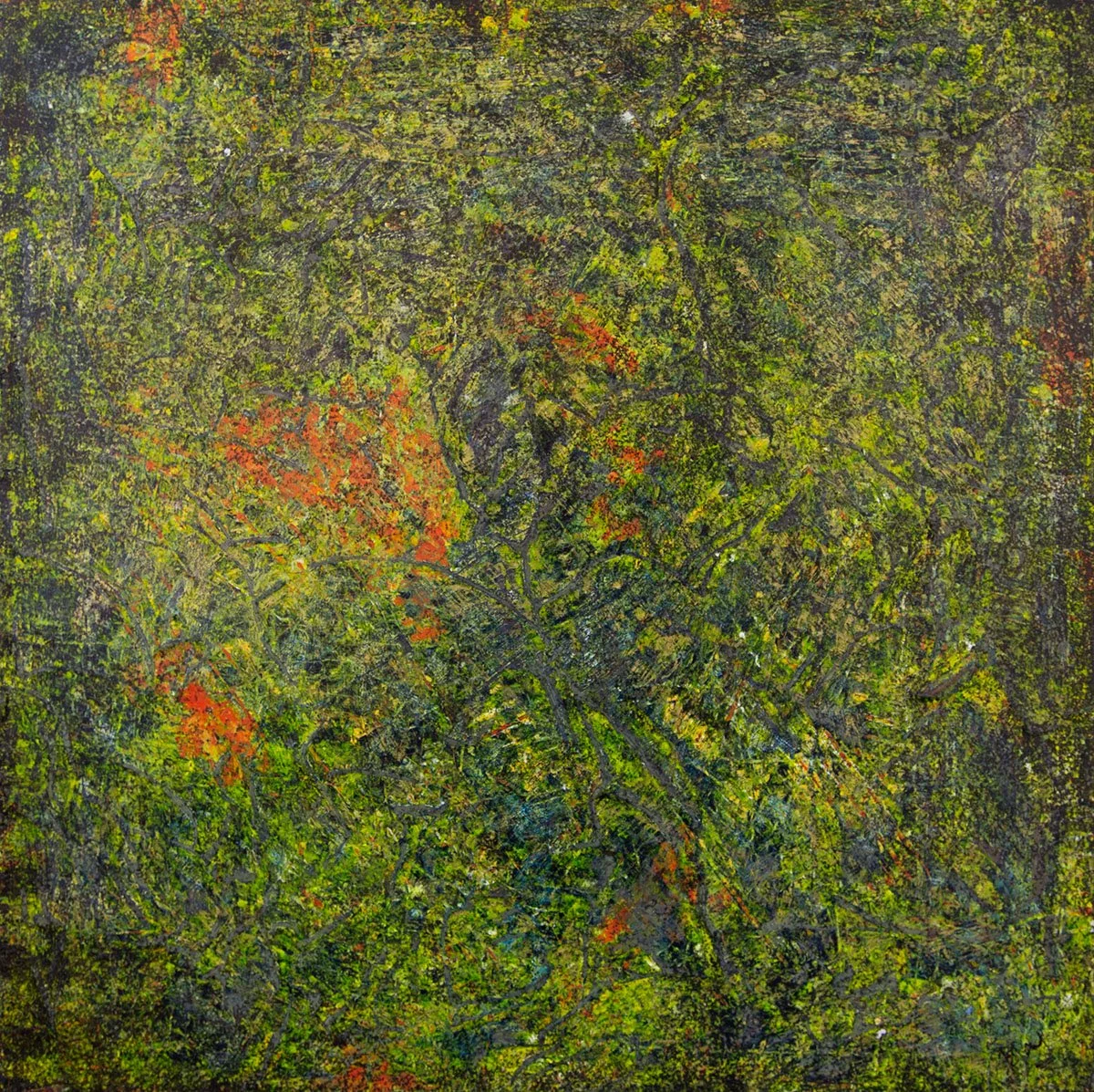 greens, browns, blacks and oranges, with runnels running through