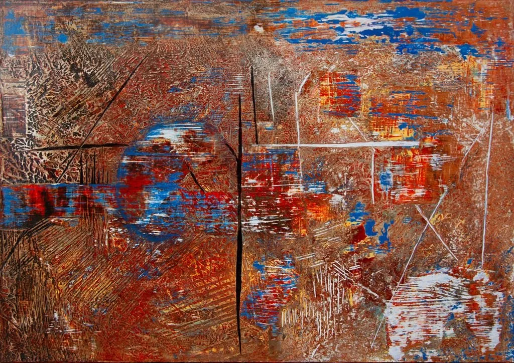 orange/brown background with bright orange, red and blue overlay with some round shapes and black lines