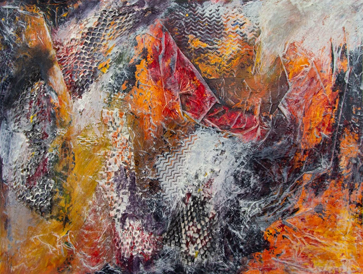 Using recycled paper packaging and red, orange and yellow paint, the flames of hell are depicted with black and white being the solid