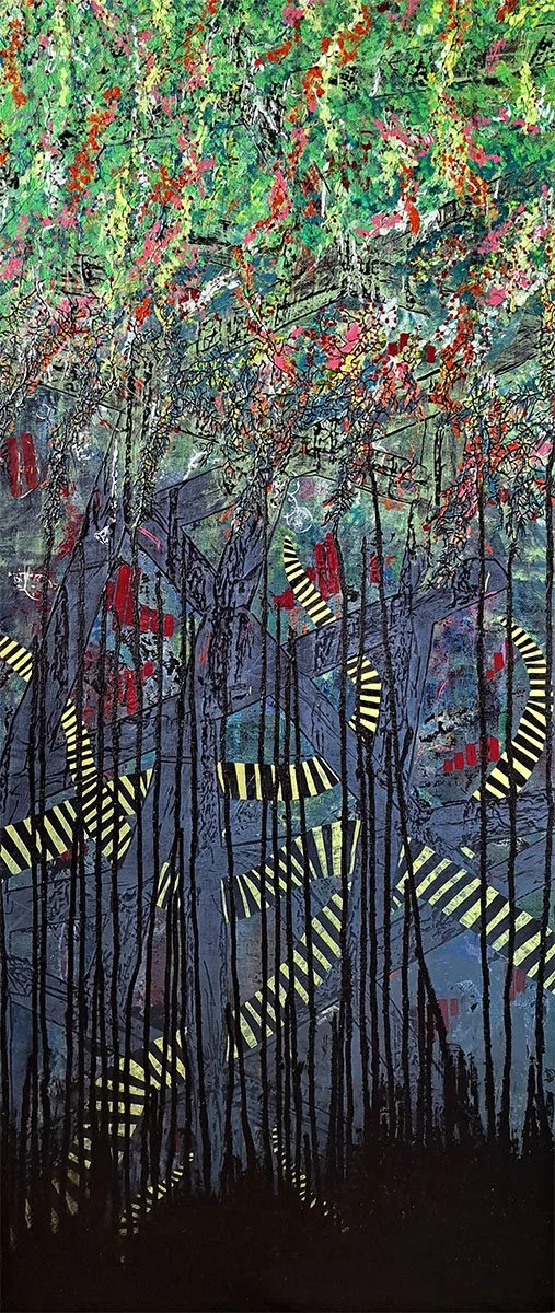 the top of the painting is greenery and flowers gradually morophing into greys and then black at the bottom. The black looks like it is reaching up the the green. In the greay/green area there are black and yellow snake like creatures