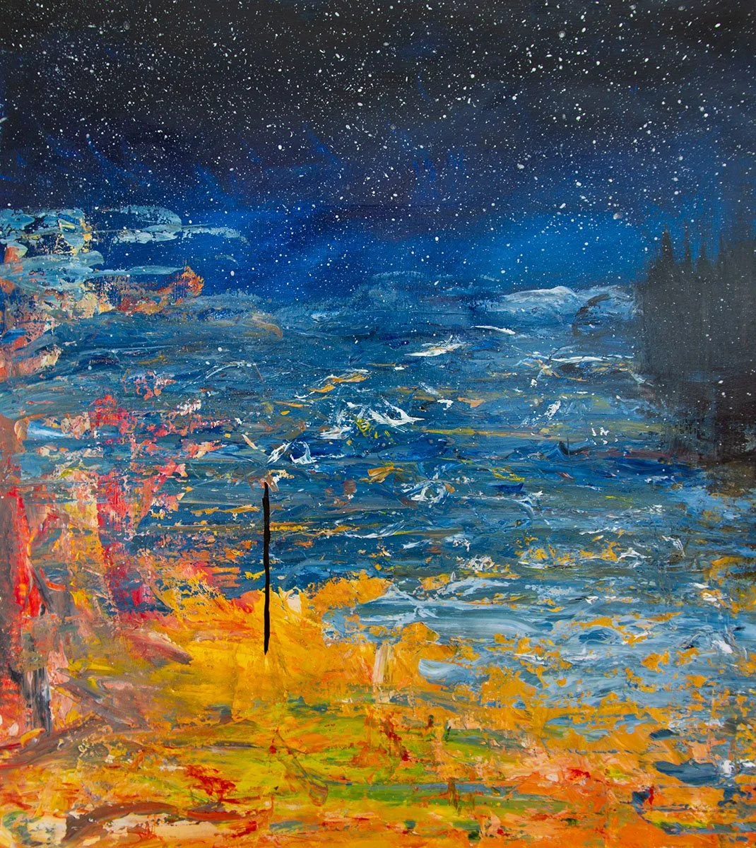 beach in the forefront with the sea central and a starry sky to the top
