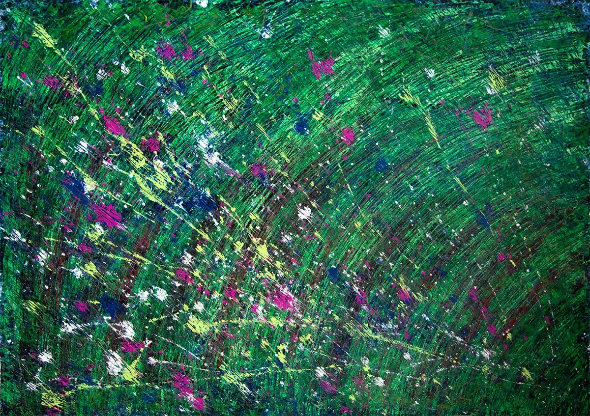 mainly green background in curves from left to right getting smaller to the bottom right, with comet trails in lime green, blue & pink