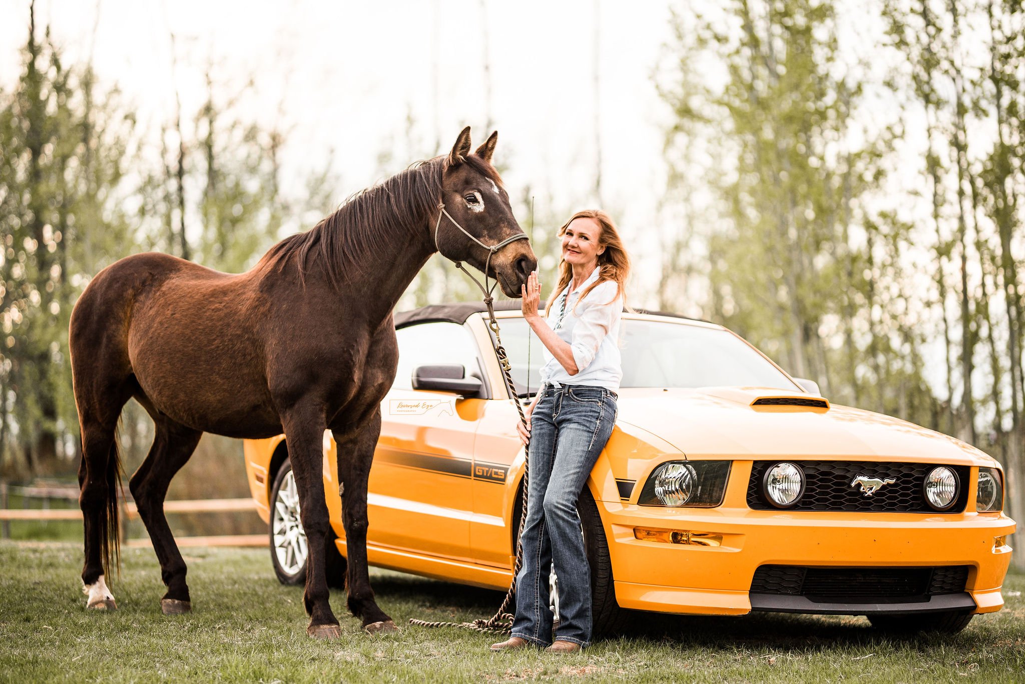 Woman and bay horse posing with orange mustang