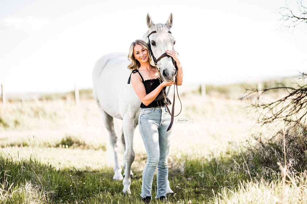 Sunset Horse and Rider Portrait with Grey Horse at Rocky Mountain Show Jumping in Calgary