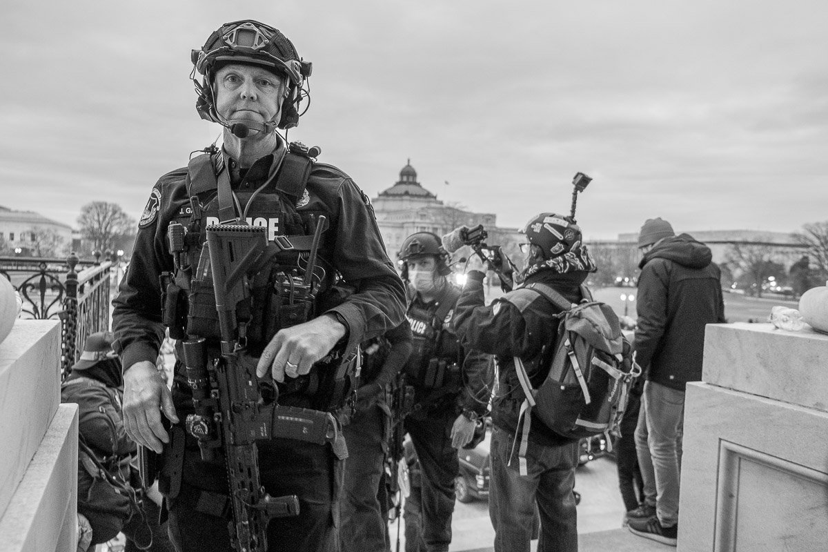 Capitol police arrive to secure the perimeter around the west entrance of the Capitol. January 6, 2021, Washington, D.C.