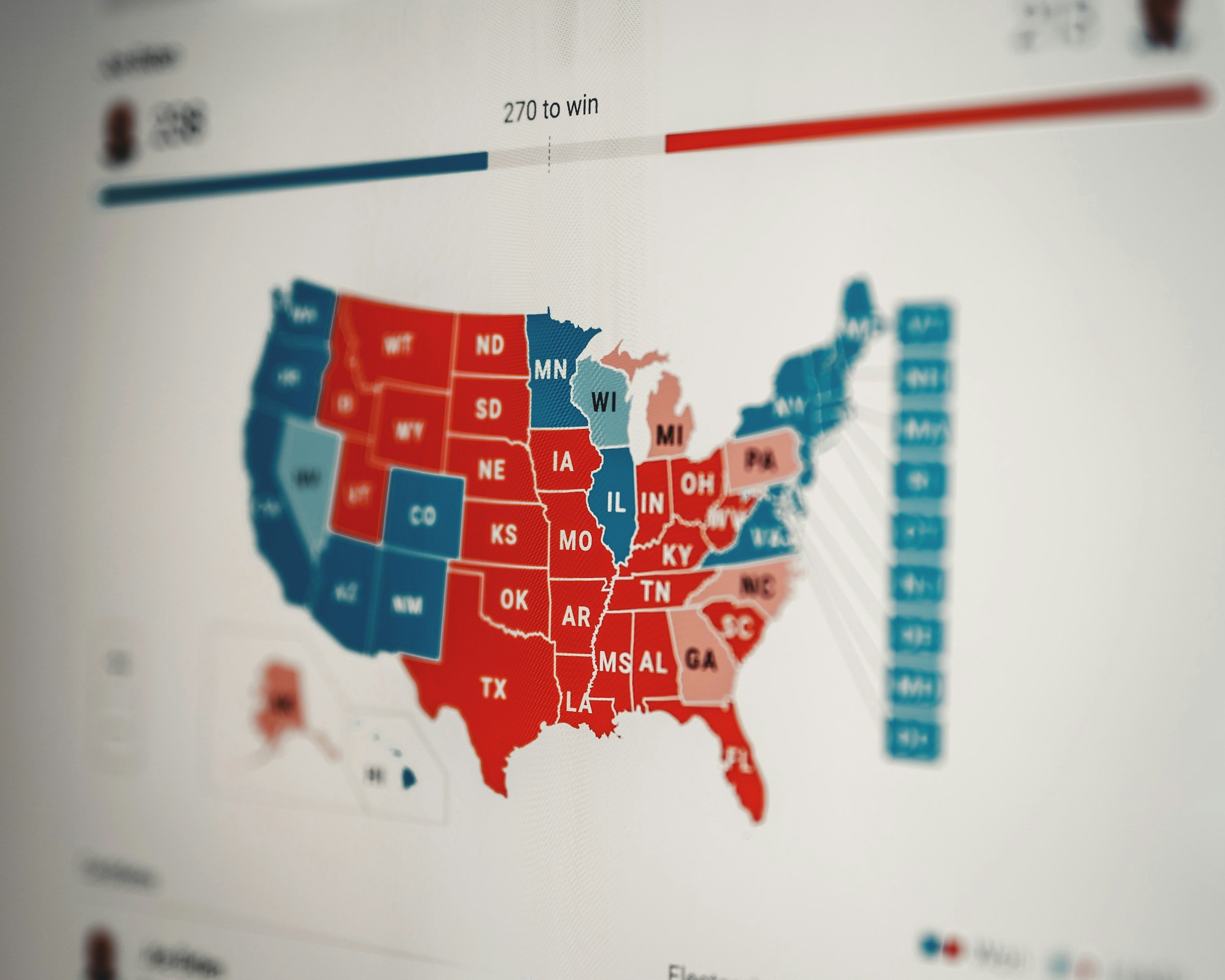 Color-coded map of the United States showing election results with blue and red states.