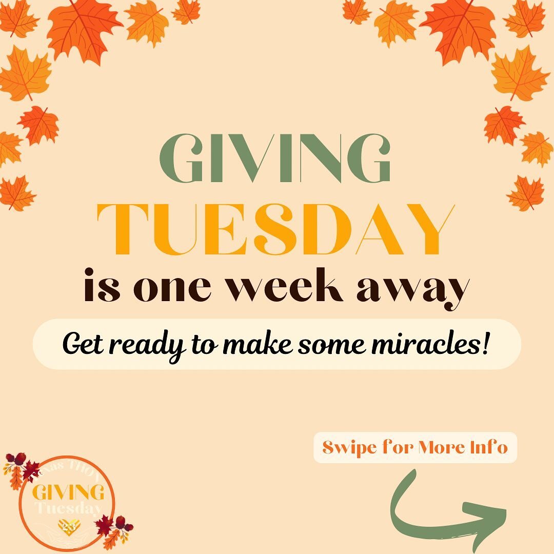 Giving Tuesday is one week away! Texas THON is supporting our local Miracle Network Hospital, @dell_childrens , on Giving Tuesday by raising funds and awareness. Swipe to see all of the fun events we have planned for the day! Get ready to make some m