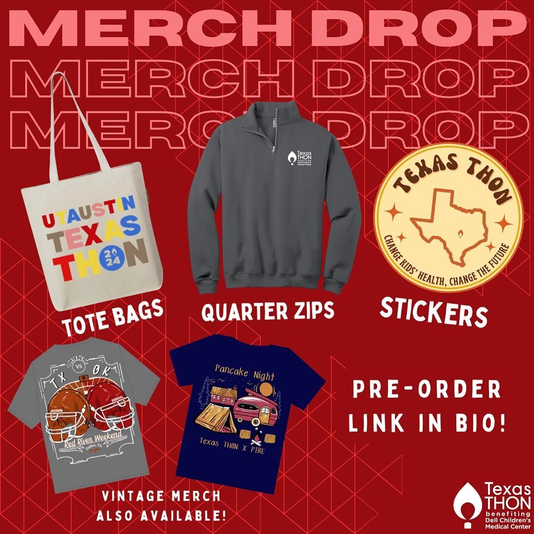 Revealing our Texas THON 2024 merch! From cozy quarter-zips to stylish tote bags to stickers, we&rsquo;ve got your wardrobe covered! It&rsquo;s also not too late to order your Red River Rivalry and Pancake Night shirts from last semester! 🌟 Pre-orde