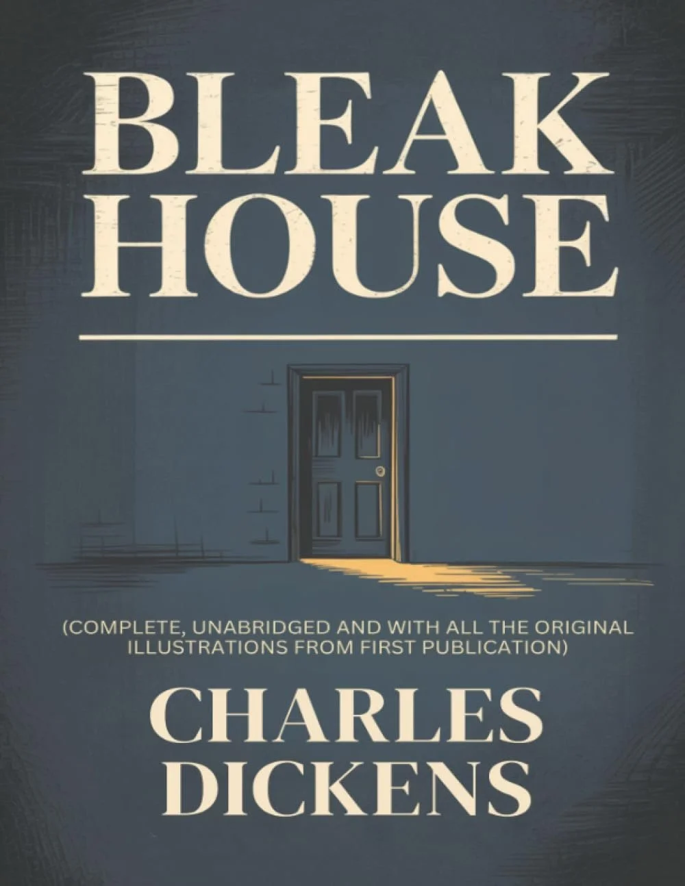 Book cover of Charles Dickens' 'Bleak House' featuring a door with light shining through, dark background, and title text