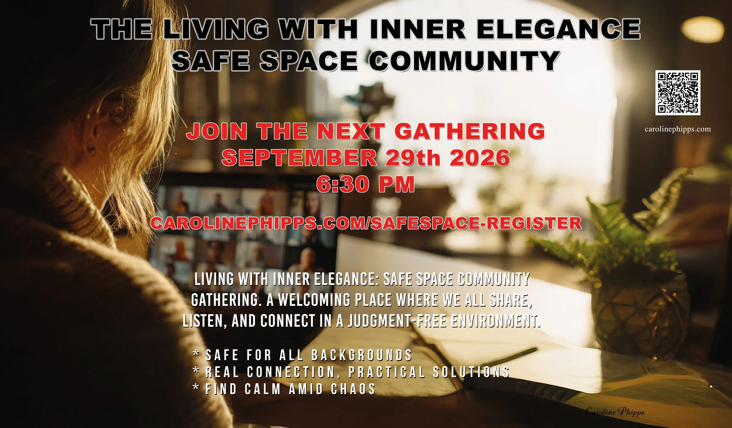 A woman with blonde hair sitting at a table, facing a laptop. The setting appears cozy and warmly lit, with a potted plant nearby. Overlaid text on the image promotes a community event regarding safe space gathering on September 29th, 2026.