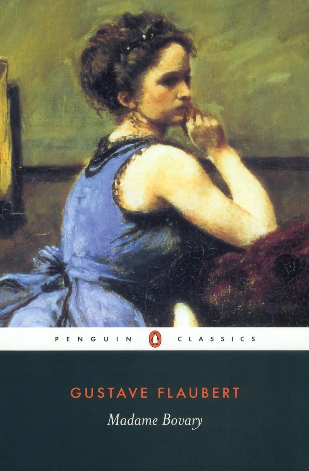 Book cover of Gustave Flaubert's Madame Bovary featuring a painting of a woman in a blue dress with dark, curly hair, resting her face on her hand.