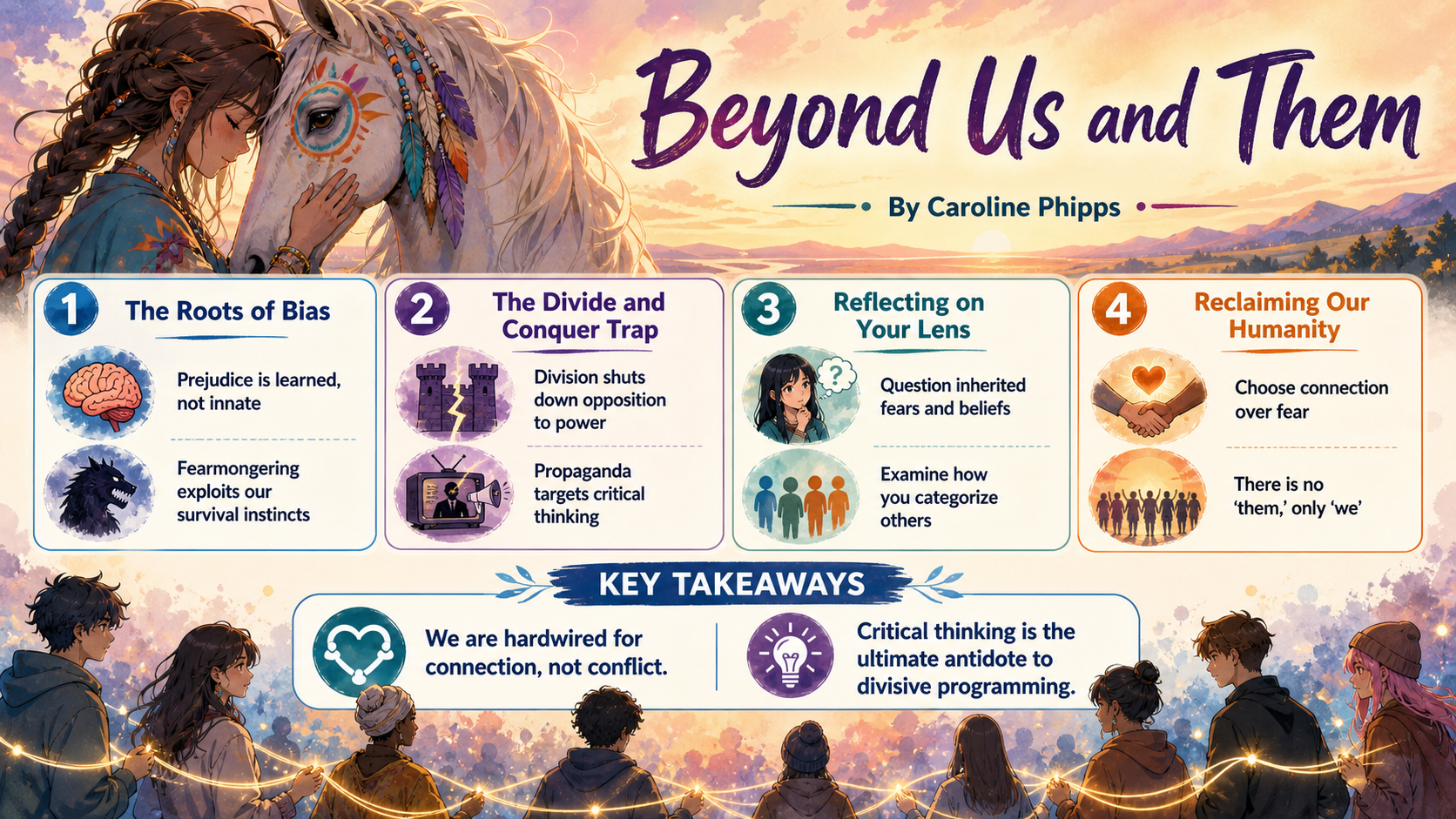 An illustrated infographic titled 'Beyond Us and Them' by Caroline Phipps, depicting four main concepts: The Roots of Bias, The Divide and Conquer Trap, Reflecting on Your Lens, and Reclaiming Our Humanity. The infographic features images of diverse people, animals, and symbolic icons like a brain, wolf, castle, TV, and handshake, set against a sunset background with a group of people holding string lights at the bottom.