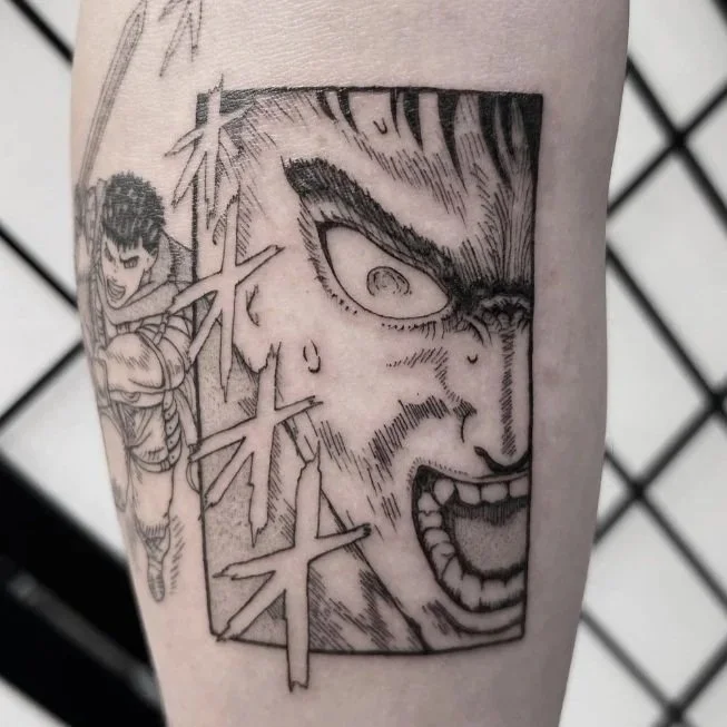 Tattoo of a comic-style scene with a young boy and an angry face, featuring bold lines and speech bubbles.