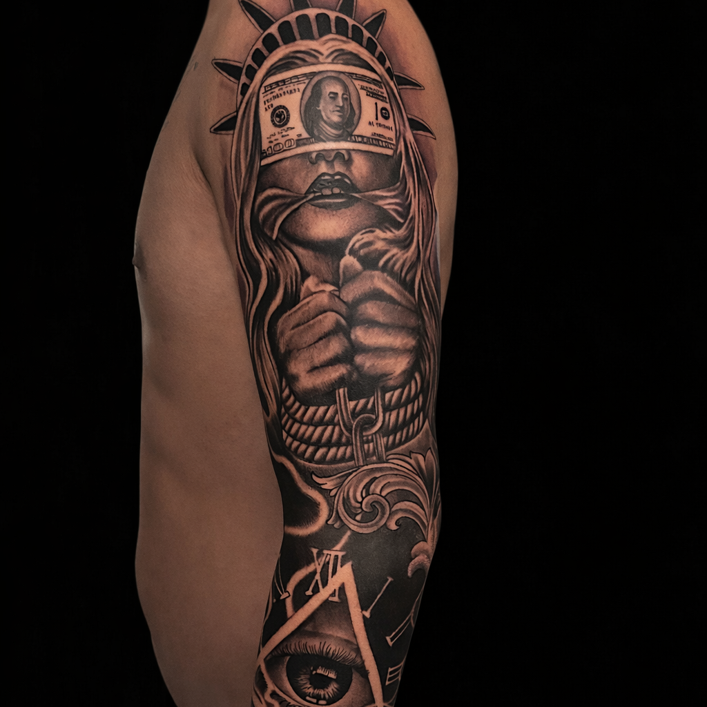 Tattoo of a woman with a dollar bill over her eyes, holding her hands together, with clock and eye motifs in the background.