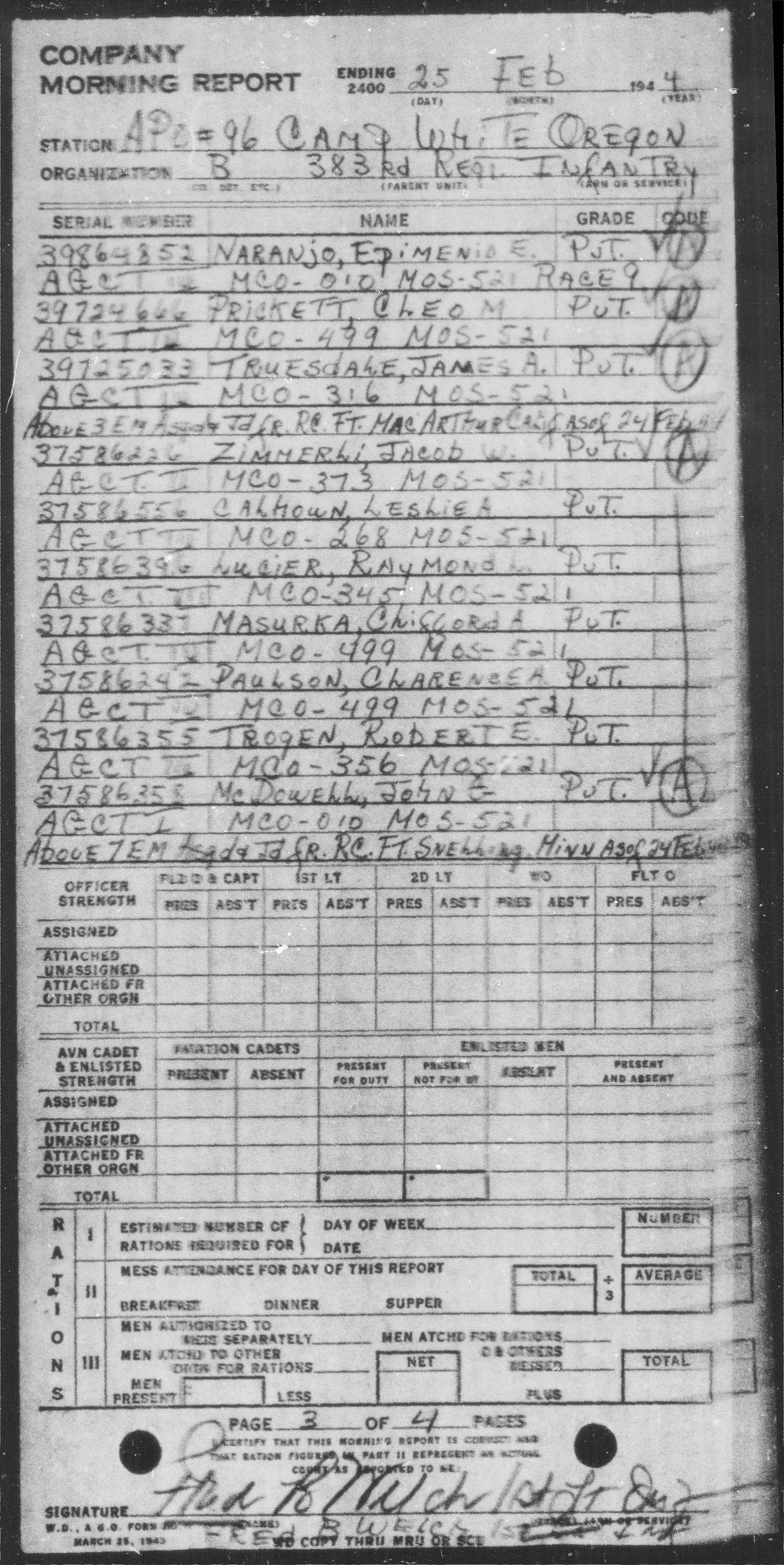 B Co-383rd Infantry-February 25th 1944-morning-report-camp-white-Oregon.jpg