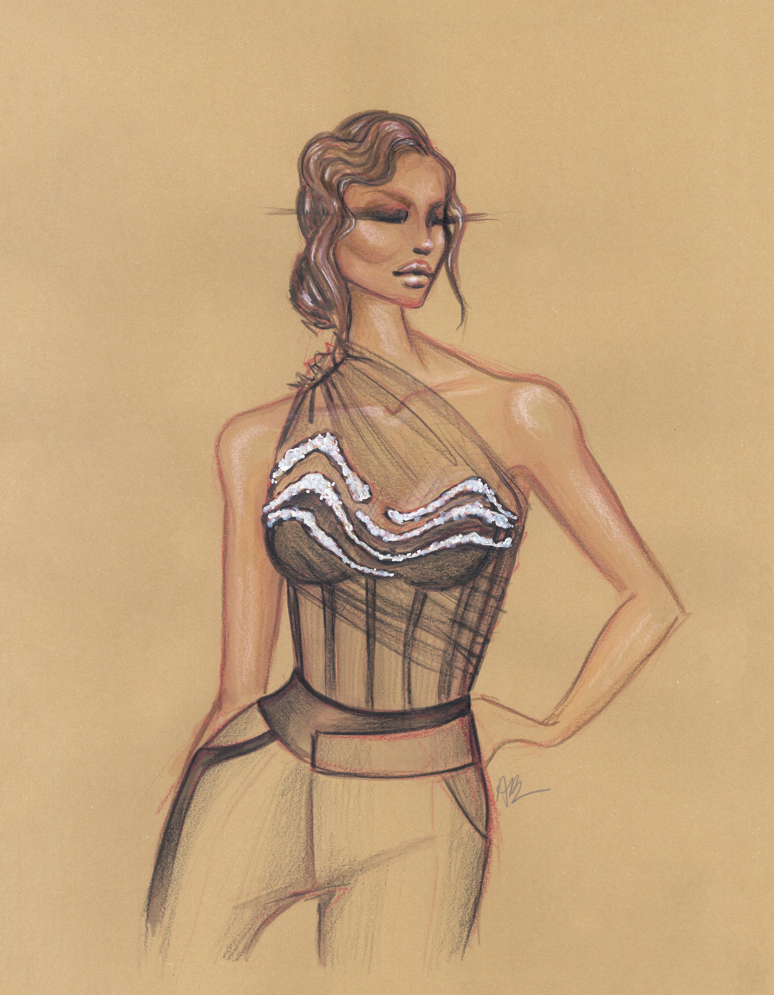 A fashion illustration of a woman with wavy hair wearing a sheer top with embroidered details and high-waisted pants.