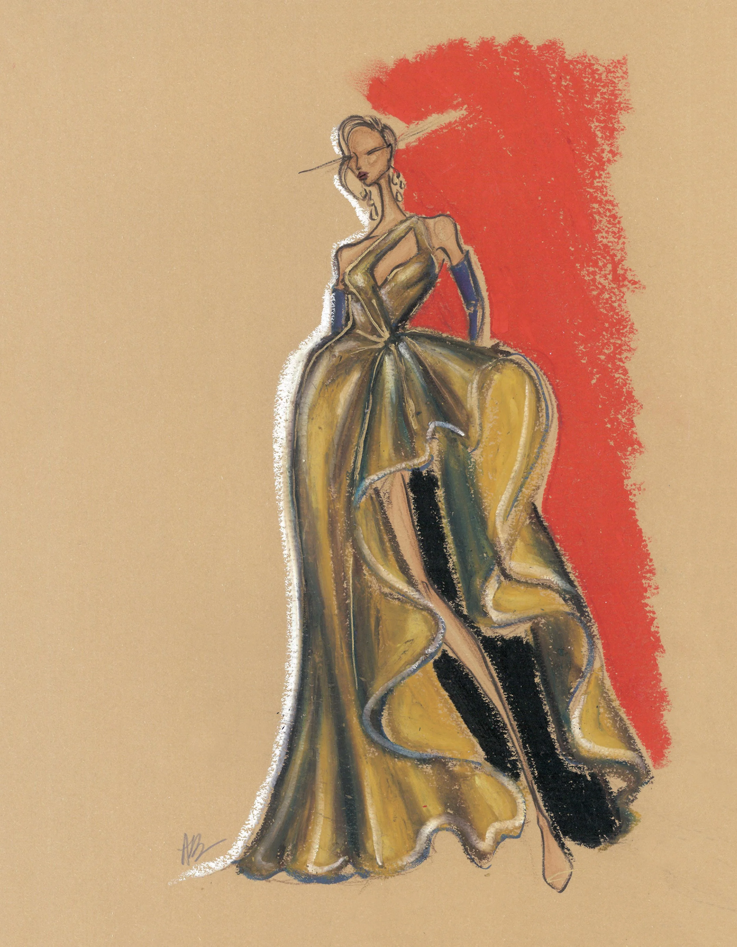 Fashion illustration of a woman in a gold gown with black gloves and black stockings, standing against a red background.