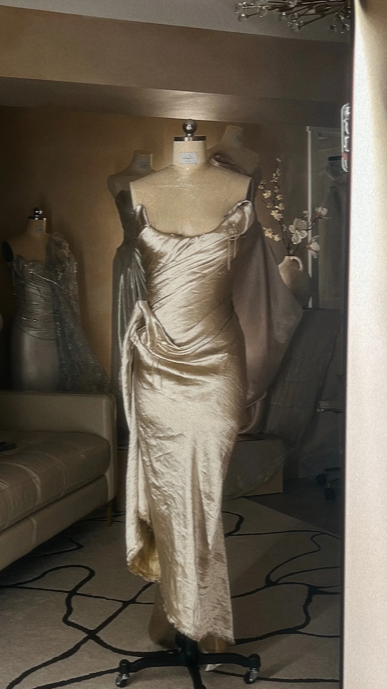 Sculpted silver champagne haute couture gown made with Bodice Tech by Angeline Brunk for the cool avant garde bride in the greater Seattle area. Work with Angeline at her private design studio to style your dream wedding dress look.