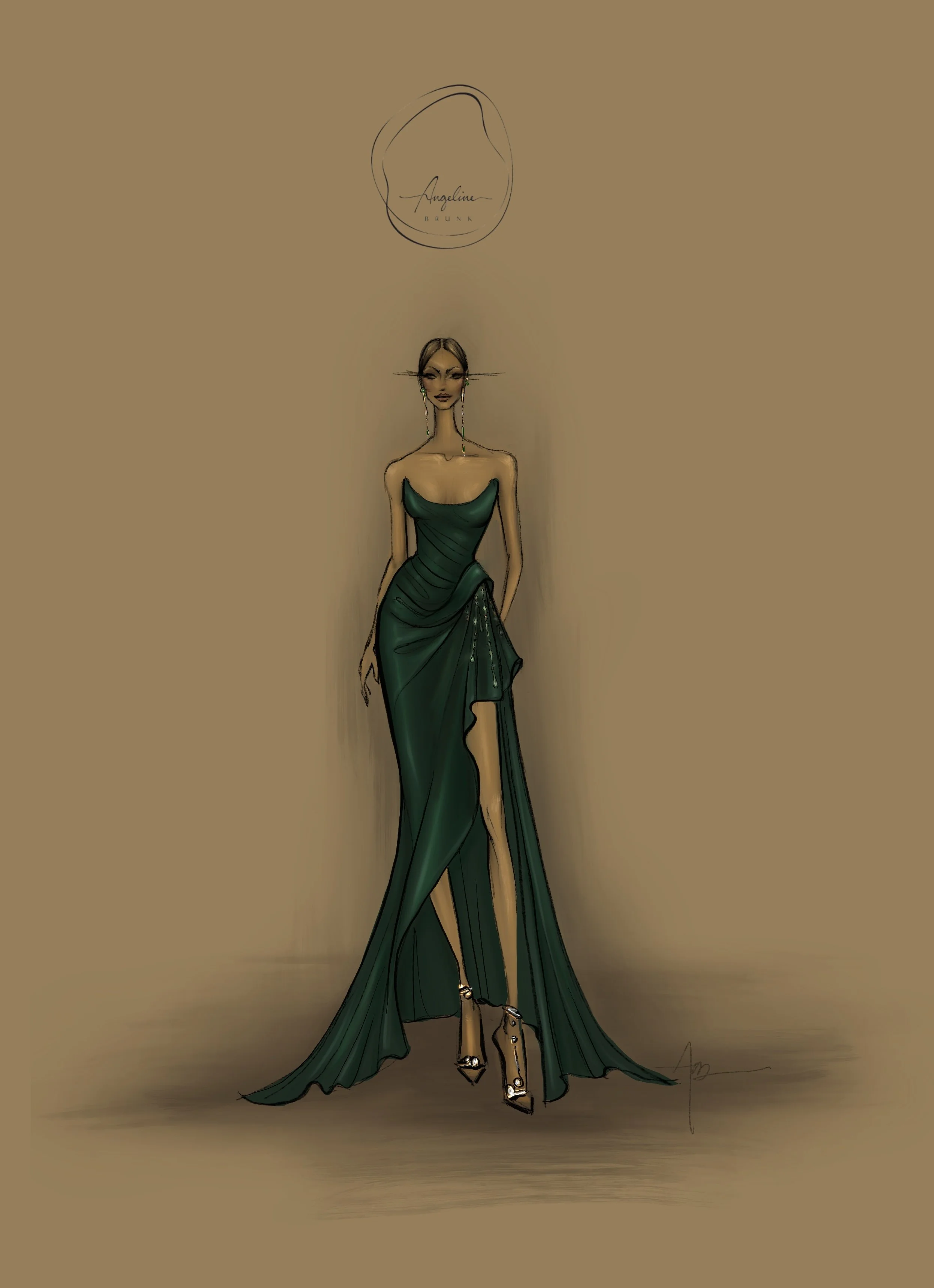 Custom fashion illustration made with digital tech of couture clients couture evening gown for her wedding guest attire - by Angeline Brunk sketches in the procreate app.