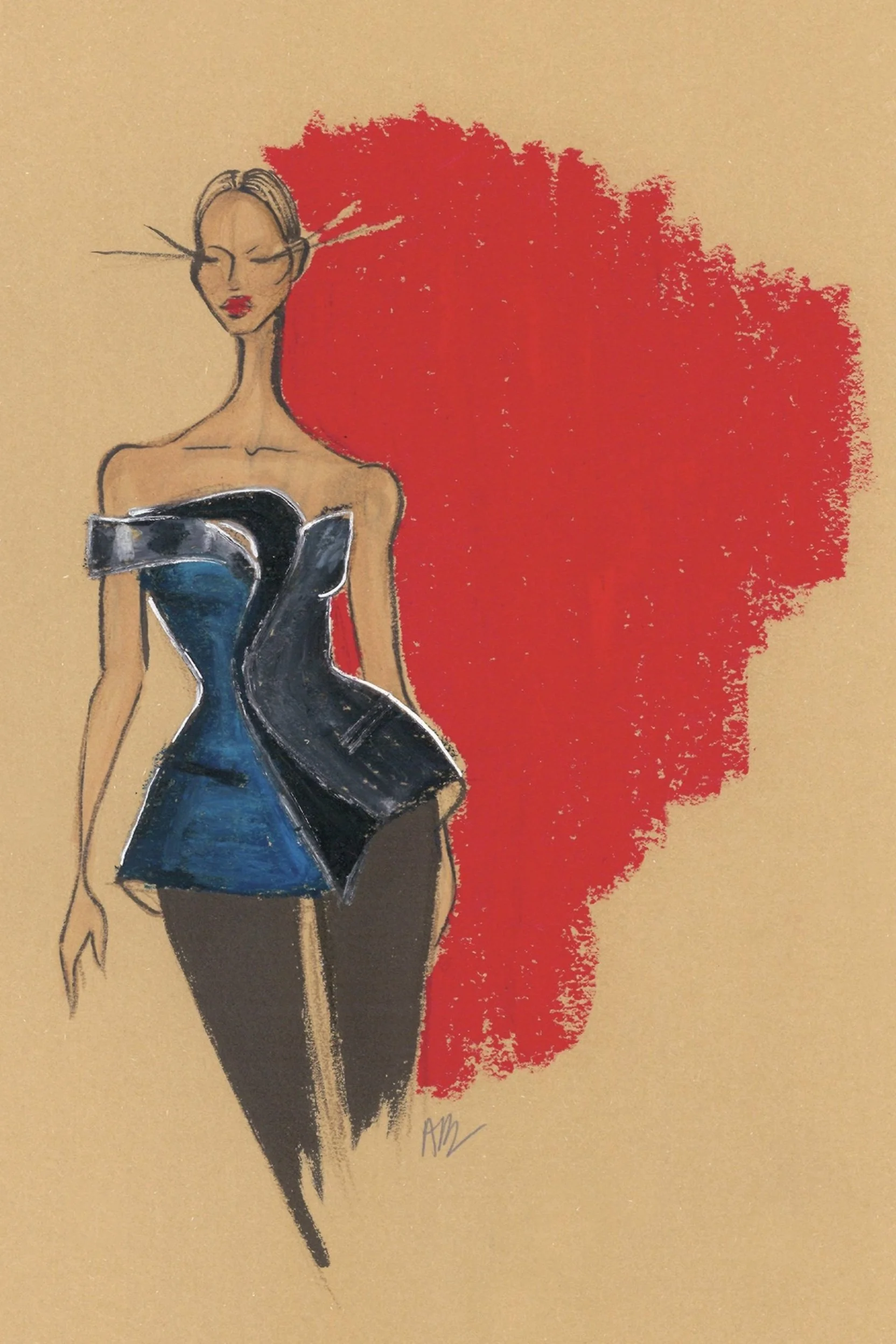 Fashion illustration of a woman with long red hair, wearing a blue and black strapless dress, set against a beige background with a red splash.