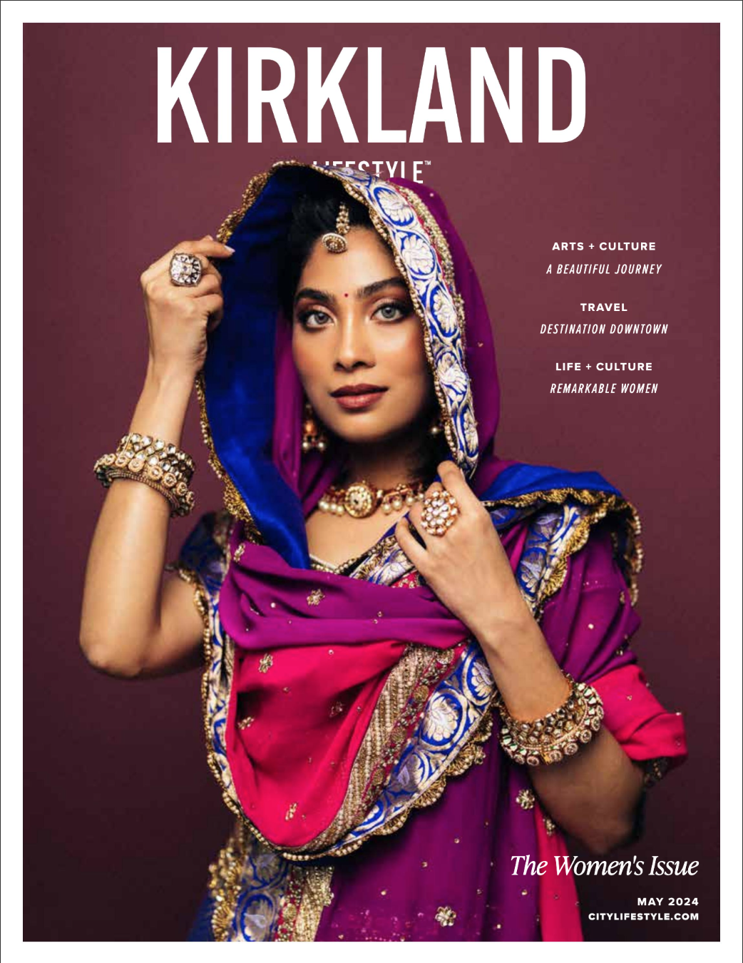 Cover of Kirkland Lifestyle magazine, May 2024 issue, featuring a woman in traditional Indian attire with jewelry, set against a maroon background.