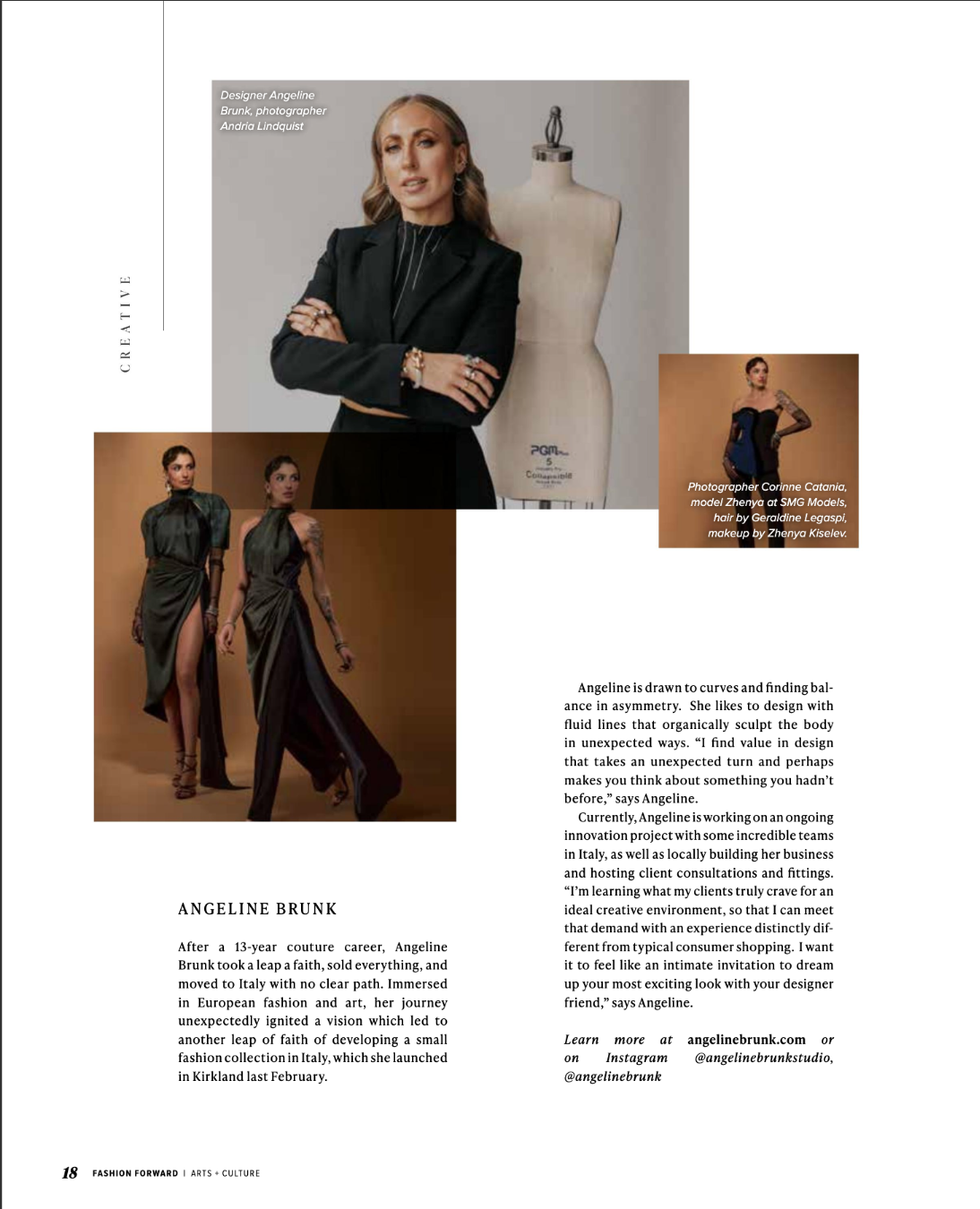 Page from a magazine featuring designer Angeline Brunk, her biography, and images of her fashion designs and models, along with credits for makeup, hair, and photography.