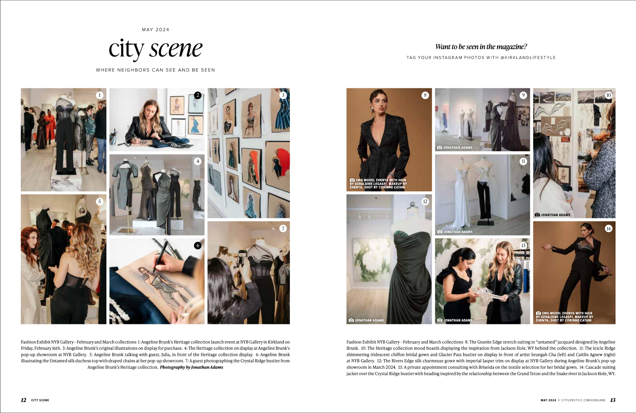Magazine spread featuring various images of fashion designs, runway models, and artwork displayed at a gallery event, with captions describing each scene.