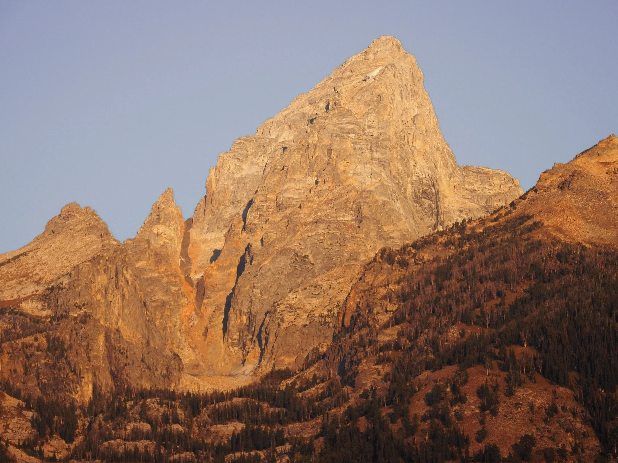 Mountain peak during sunset with trees on lower slopes