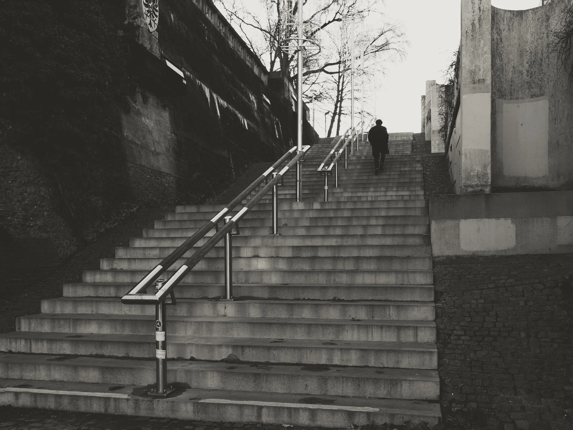 A black-and-white photo of a man walking up concrete stairs outdoors, with leafless trees and modern buildings around, and streetlights along the stairs.