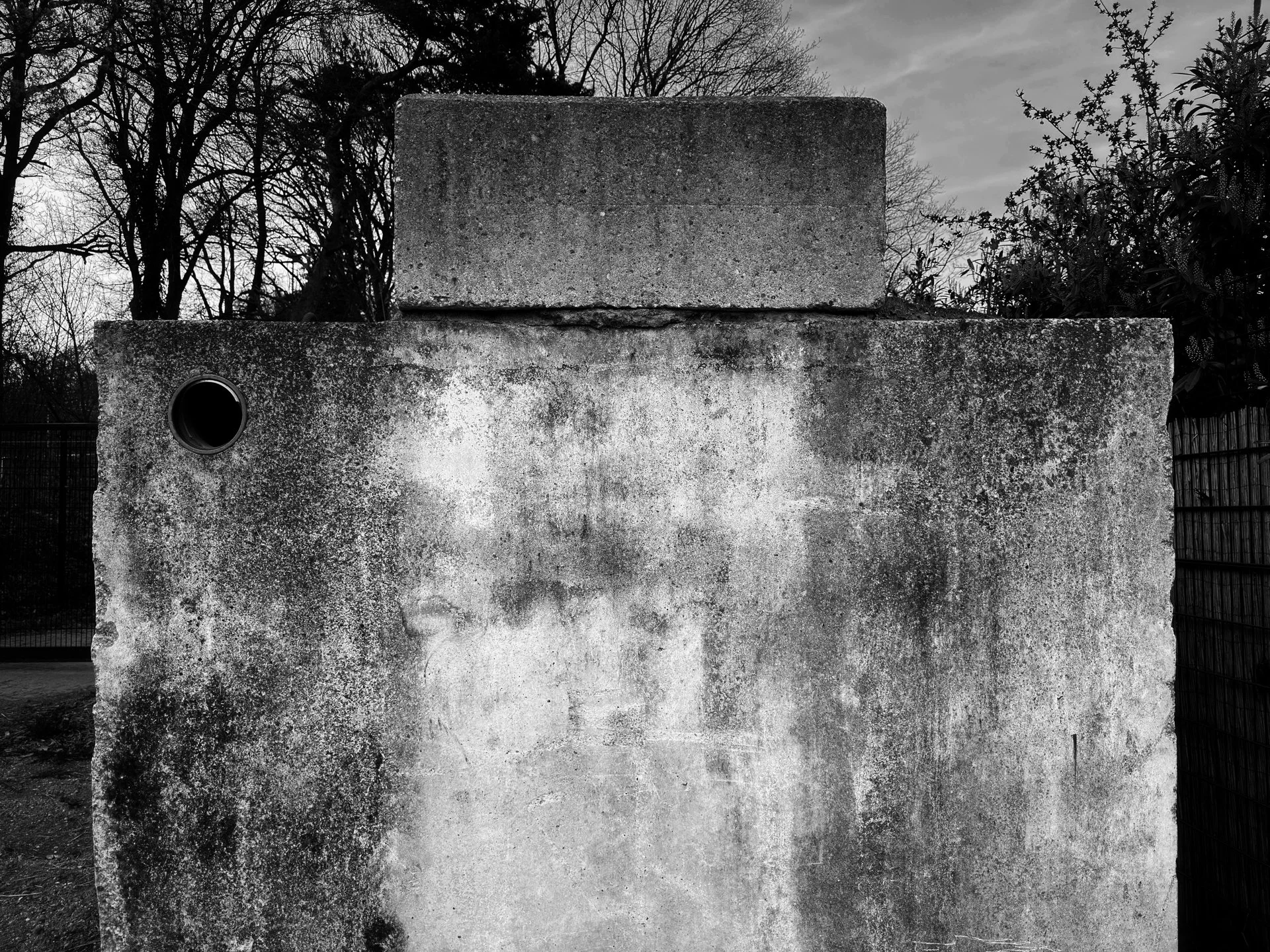 Black and white photo of a weathered concrete wall with a circular pipe opening on the upper left side, surrounded by trees and cloudy sky in the background.
