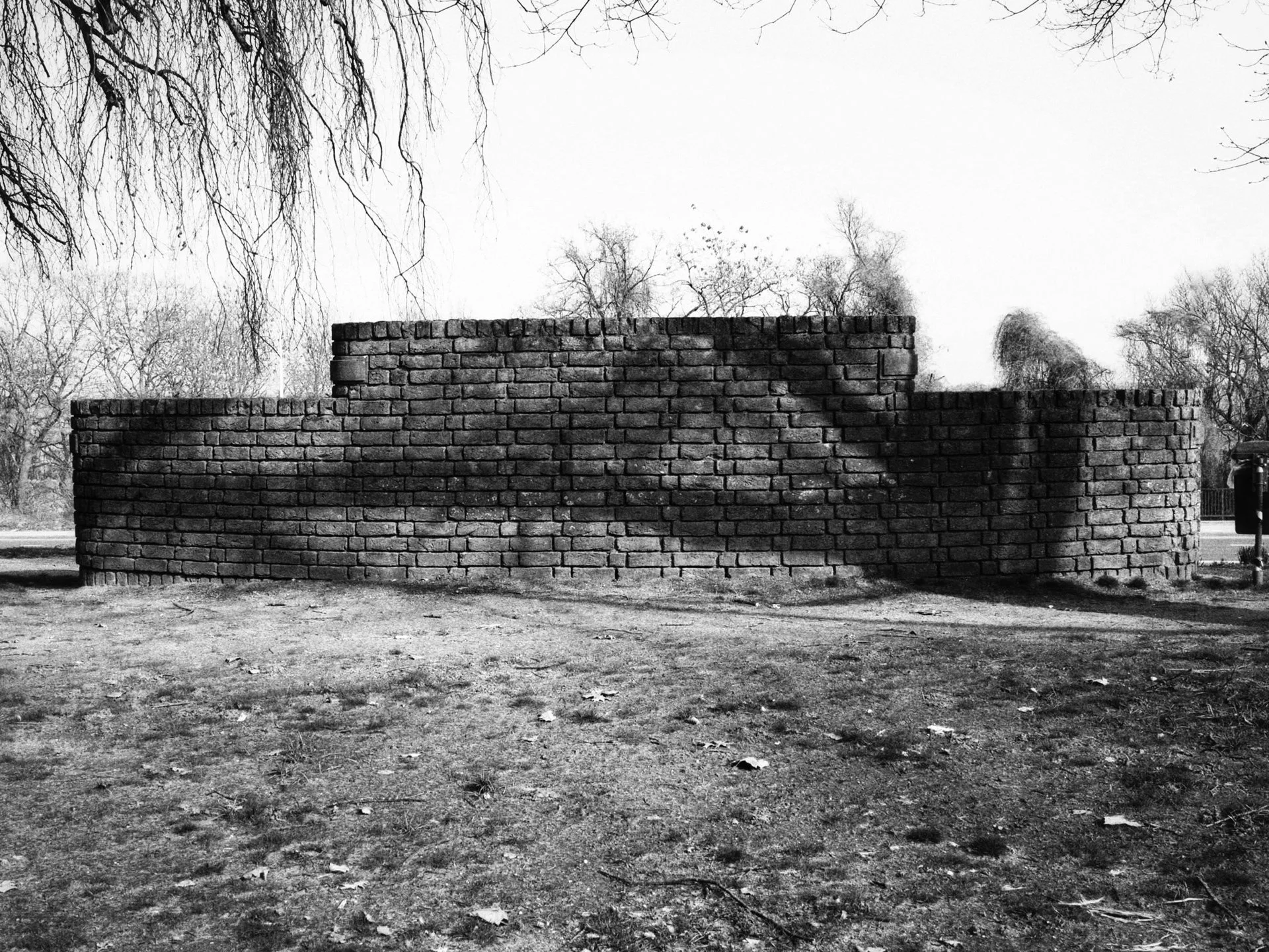 A black and white photograph of a curved brick wall with trees in the background and fallen leaves on the ground.
