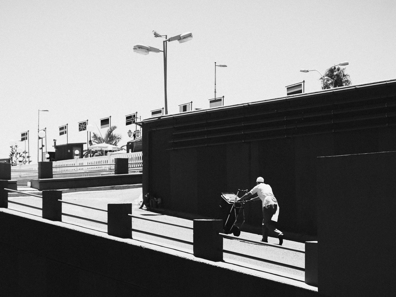 A person pushing a cart along a street under an awning, with multiple flags and streetlights visible in the background.