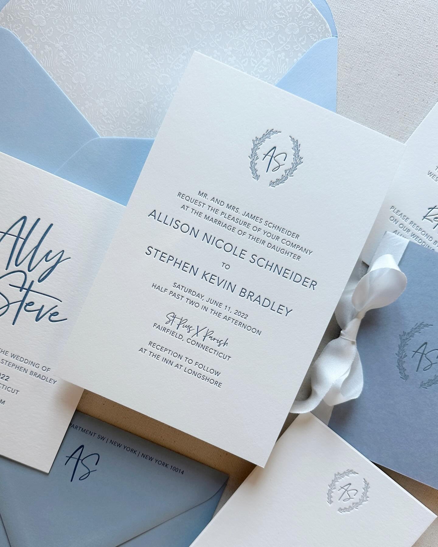 delicate details, a casual script, and baby blue accents fit the bill for this coastal connecticut wedding suite. 
&bull;
&bull;
&bull;
#weddinginvitations #custominvitations #connecticutwedding #coastal #letterpresslove #letterpresspattern