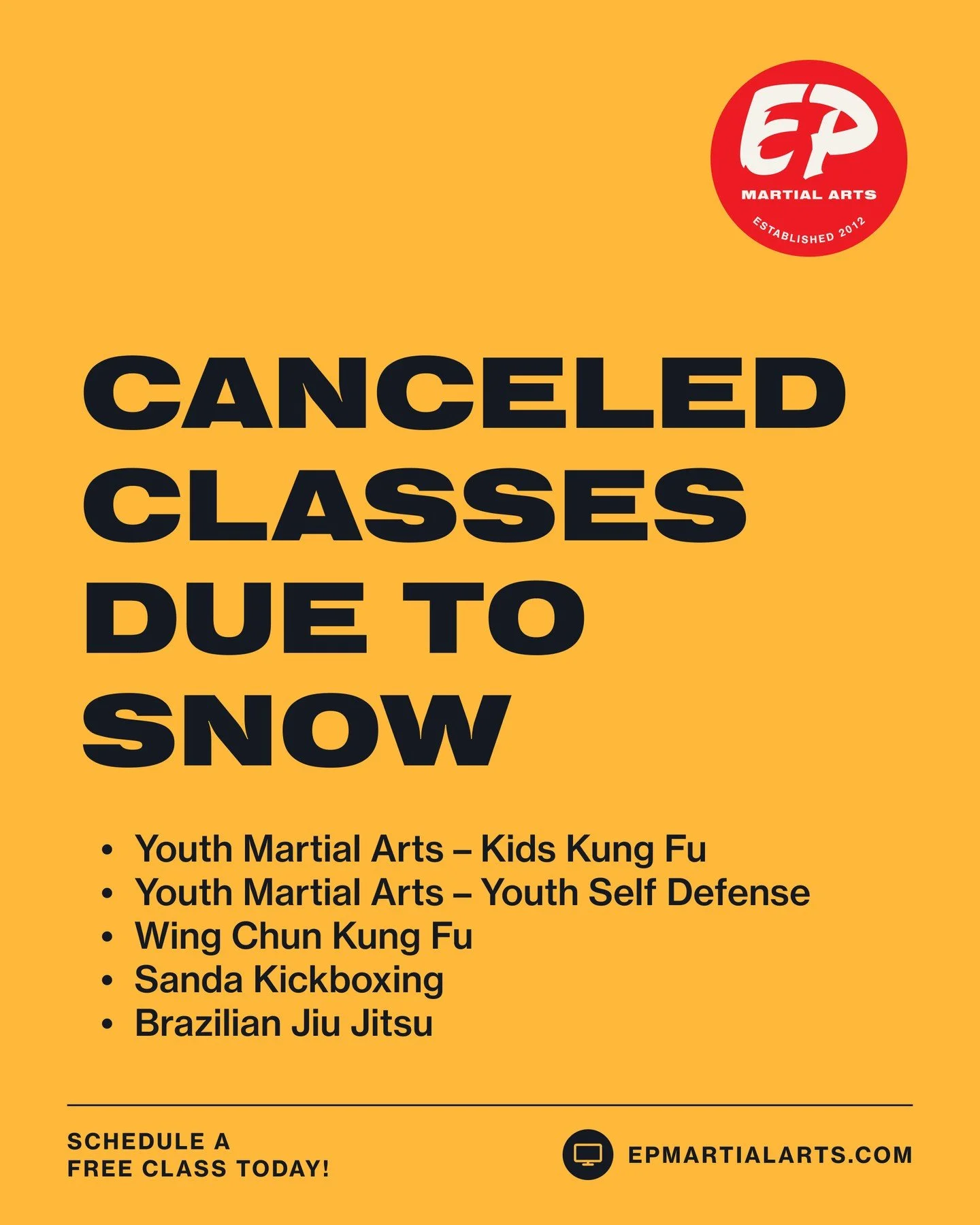 All classes are canceled Tuesday, February 24th due to the storm.

Stay safe, stay sharp! We&rsquo;ll be back at it soon.