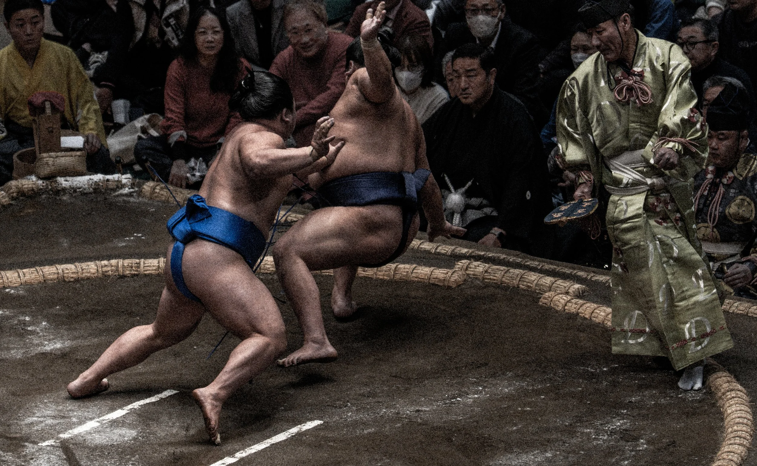 Sumo Tournament - Sumo being arm checked out of the ring.jpg