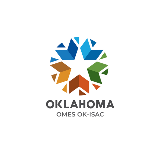 Colorful abstract star-shaped logo with the words 'Oklahoma OMES OK-ISAC' underneath.