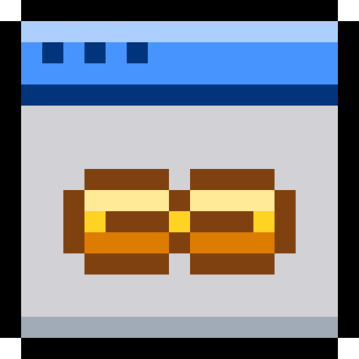 Pixelated digital icon of a pair of gold and brown glasses or goggles against a gray and blue background.