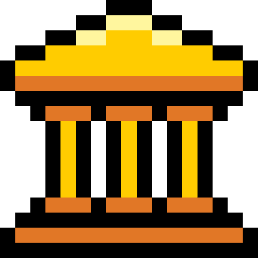 Pixel art depiction of a classical Greek or Roman temple with columns and a triangular pediment.