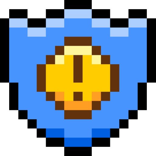 A pixelated green checkmark inside a blue shield.