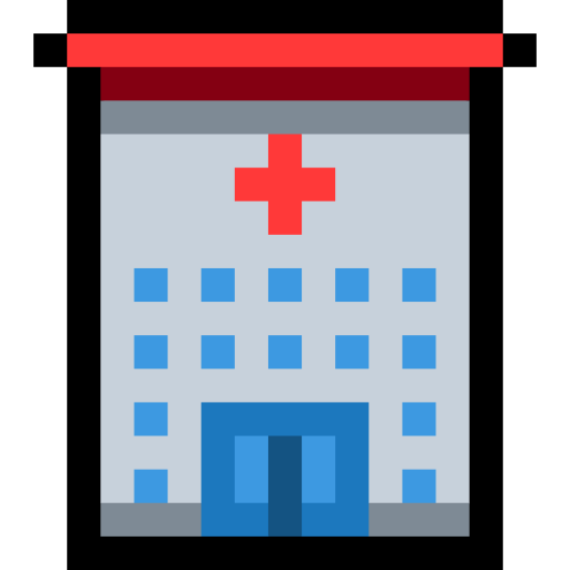 Pixel art illustration of a hospital building with a red cross symbol at the top.