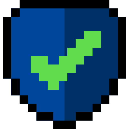 A pixelated green checkmark inside a blue shield.