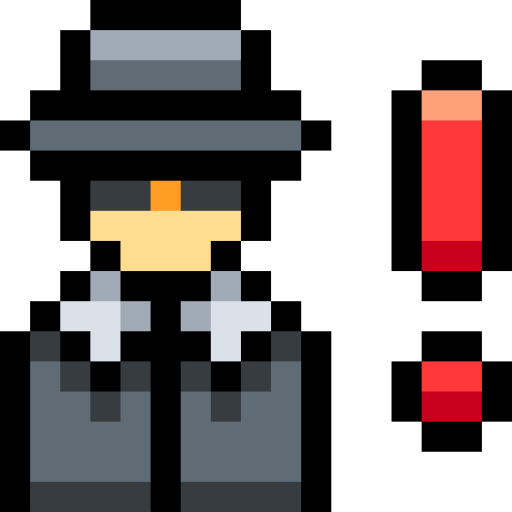 Pixel art of a mysterious character in a trench coat and hat with an exclamation mark