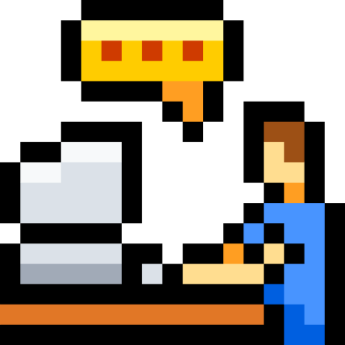 Pixel art of a person sitting at a desk with a computer, a typing bubble above his head.