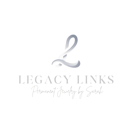 Logo with a large L, the words 'Legacy Links' below it, and the phrase 'Permanent Jewelry by Sarah' at the bottom.