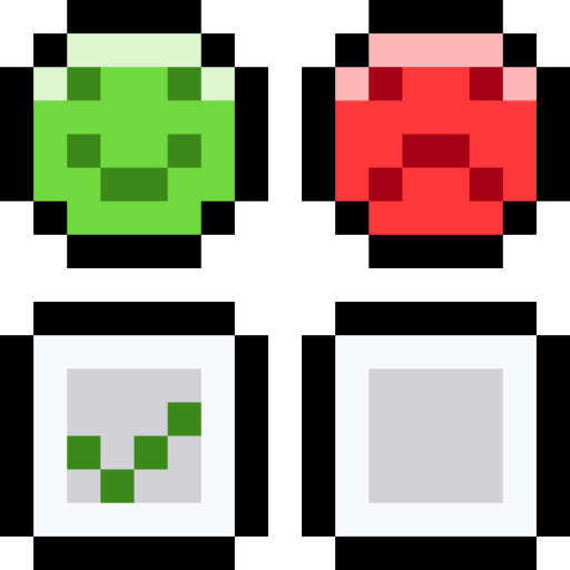 Pixel art icons of a green skull and a red skull on a black background, with two gray square icons below, one with a green check mark and the other blank.