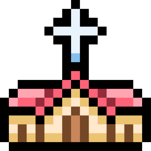 Pixelated icon of a church with a cross above it.