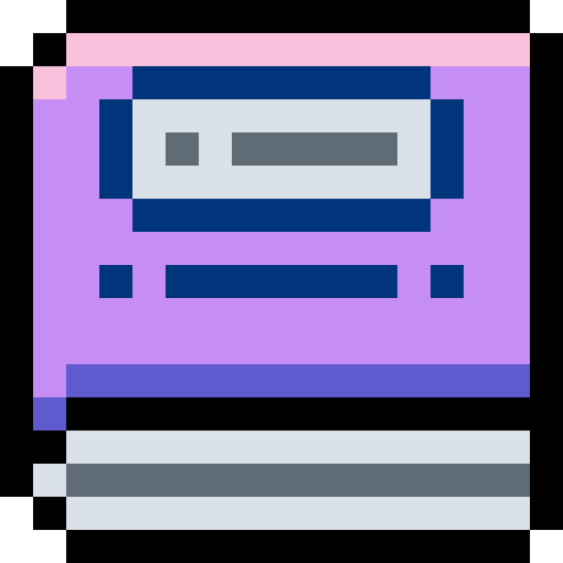 Pixel art depiction of a vintage computer or electronic device with a purple and black background.